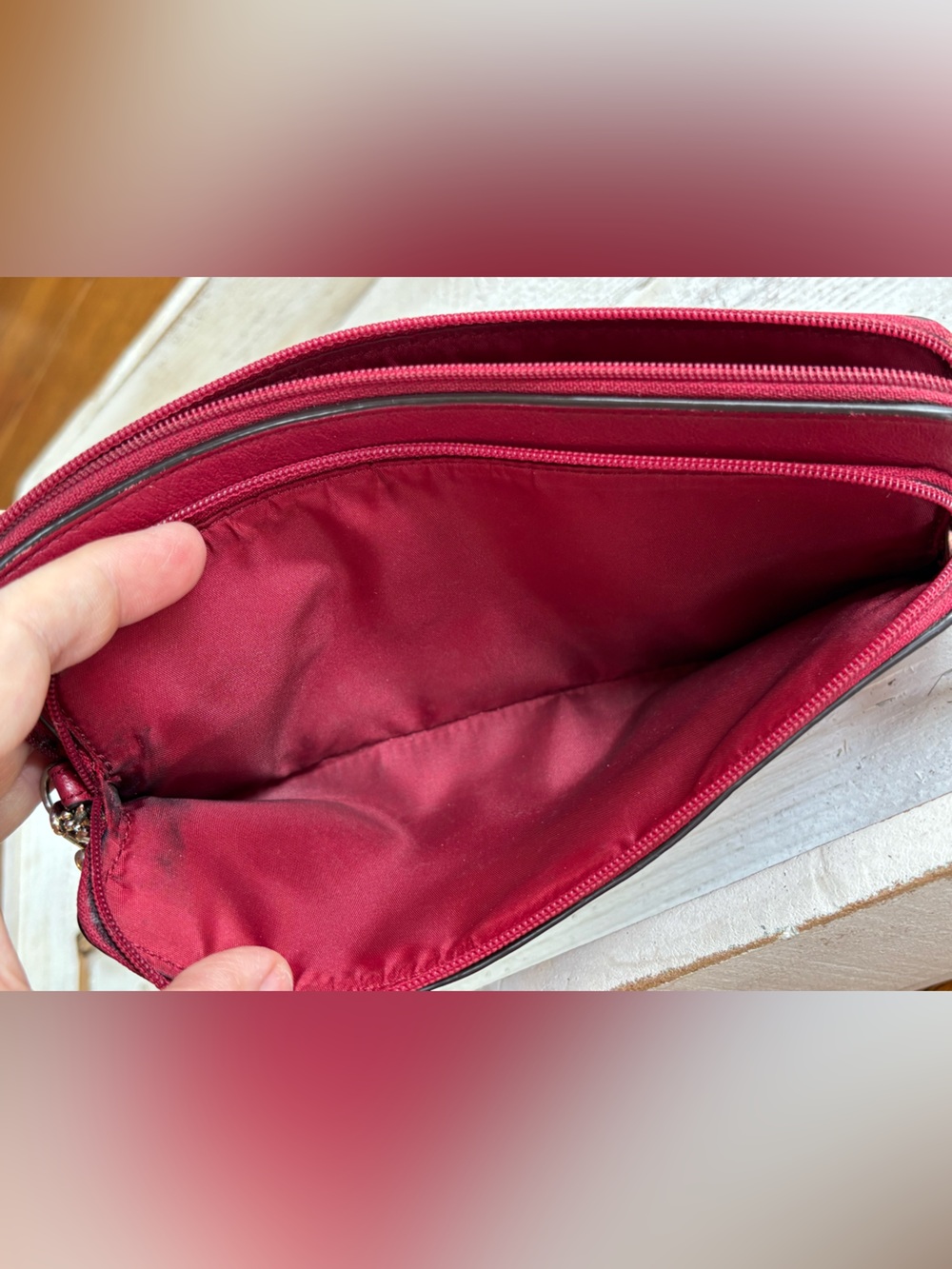 COACH $249 Cherry Red Pebbled Leather Wristlet Clutch goldtone - Picture 12 of 13